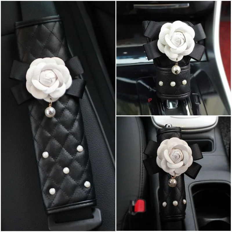 Creative Pearl Camellia Flower Car Safety Seat Belt Cover Shoulder Pad Car Styling Women Auto Seatbelt Gear Shift Covers