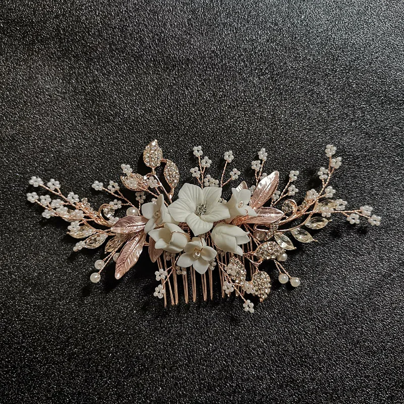 SLBRIDAL Handmade Crystal Rhinestones Pearls Flower Wedding Jewelry Hair Comb Bridal Headpieces Hair Accessories Bridesmaids