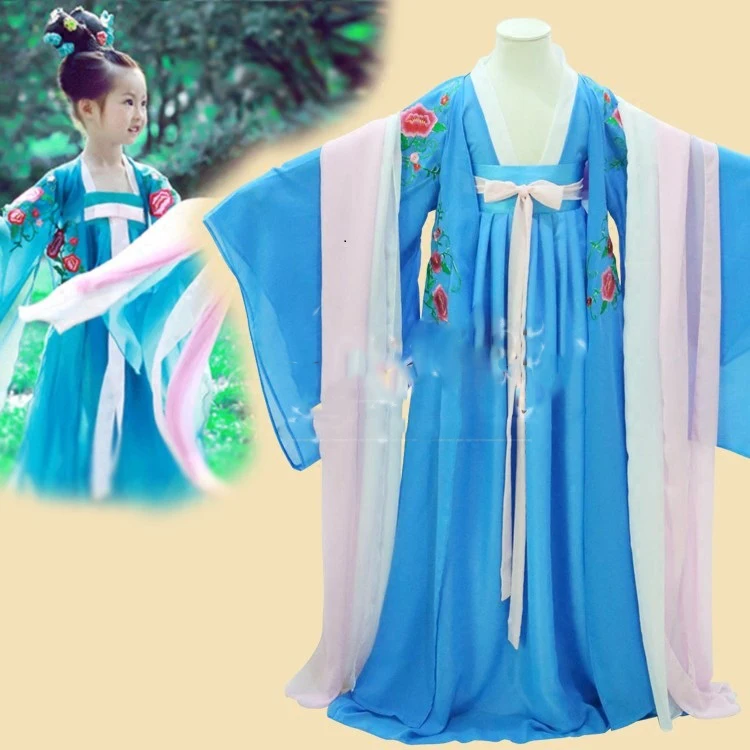 

Yan Ran Blue Chiffon Applique Embroidery Hanfu Little Girl Tang High Waist Hanfu Children's Day Stage Performance Cosplay Hanfu