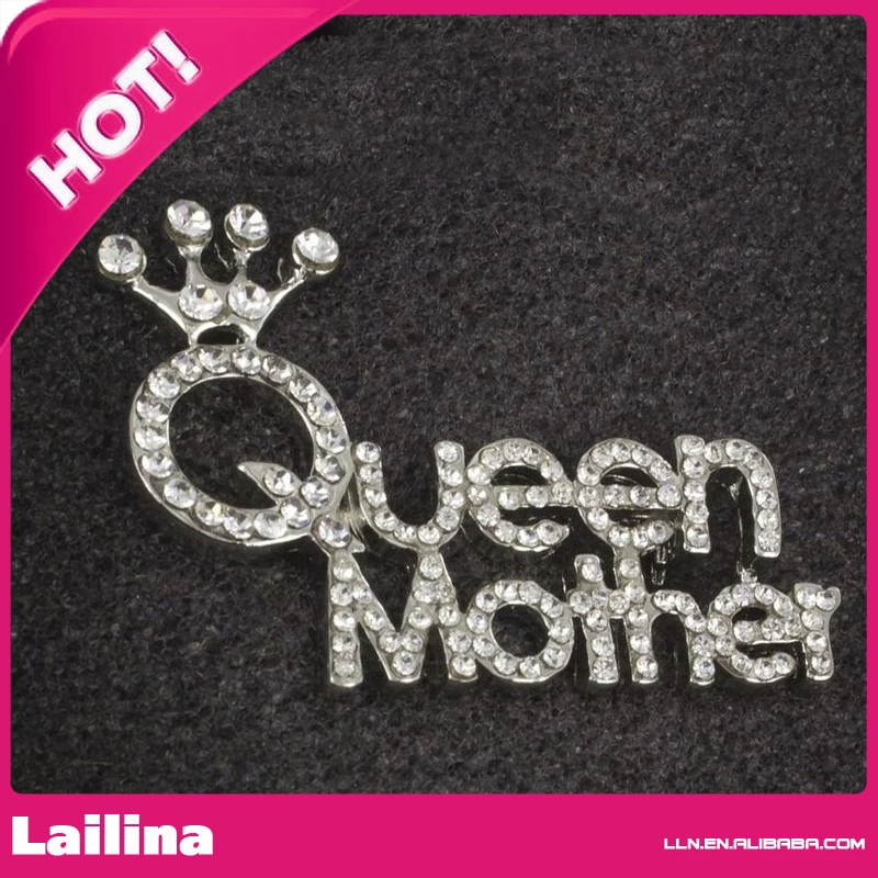 Queen Mother Crowned Rhinestone Word Brooch Pin with Clear Crystals