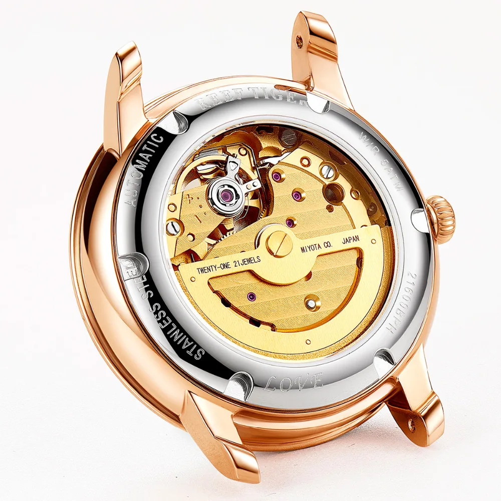 Reef Tiger/RT Luxury Elegant Women Automatic Watch Ladies Rose Gold Quartz Clock RGA1585