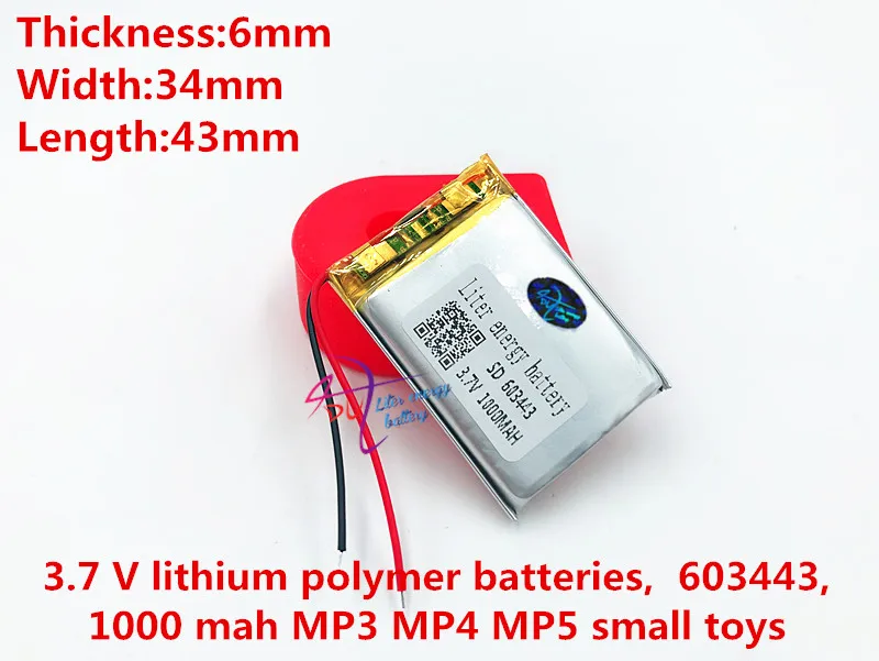 3.7V,1000mAH,[603443] PLIB;polymer lithium ion / Li-ion battery for DVR,GPS,mp3,mp4,toy,speaker