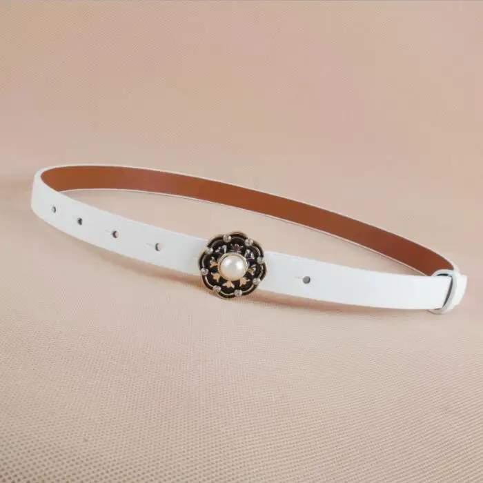 High Quality Leather Slim Belt small Fashion Women Skinny Leather Waist Strap Brown Black Thin Belts enamel flower pearl buckle