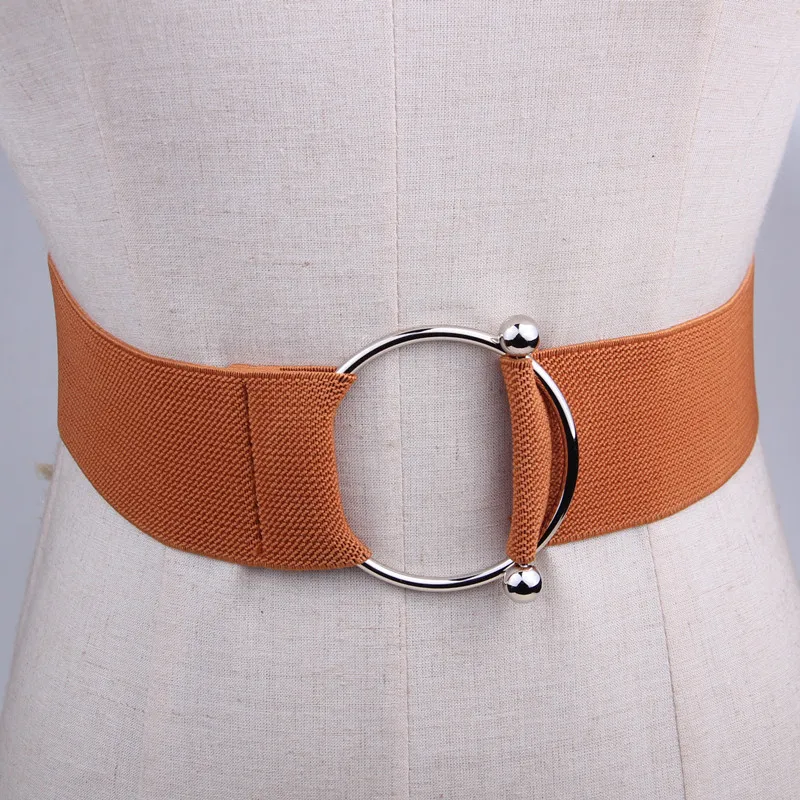 

Dress Wide Stretch waistbands Women Belt Accessories simple Solid Silver circle Buckle Waist Band Decorative cummerbunds brown