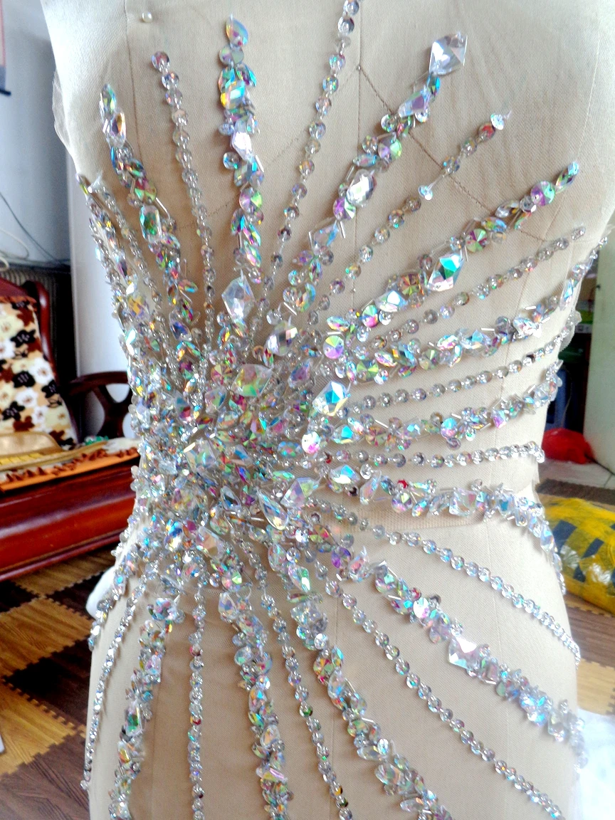 A93 hand made clear AB colour  sew on Rhinestones applique crystals trim patches 72*41 cm dress accessory