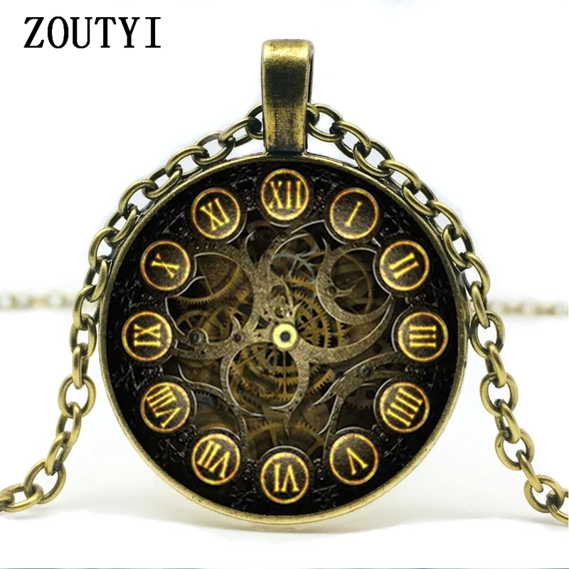 2018/Steam Punk Clock Photo Glass Pendant Punk Necklace Men's Women's Round Pendant Vintage Necklace.