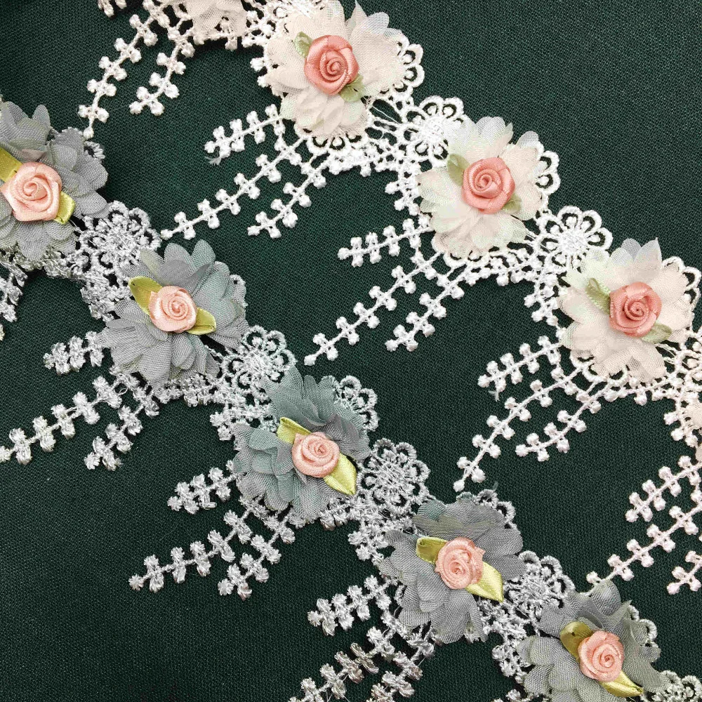 

2 Yards Soluble Chiffon Rose Flowers Embroidered Fringe Tassel Lace Trim Ribbon Fabric Sewing Crafts Wedding Dress Decoration