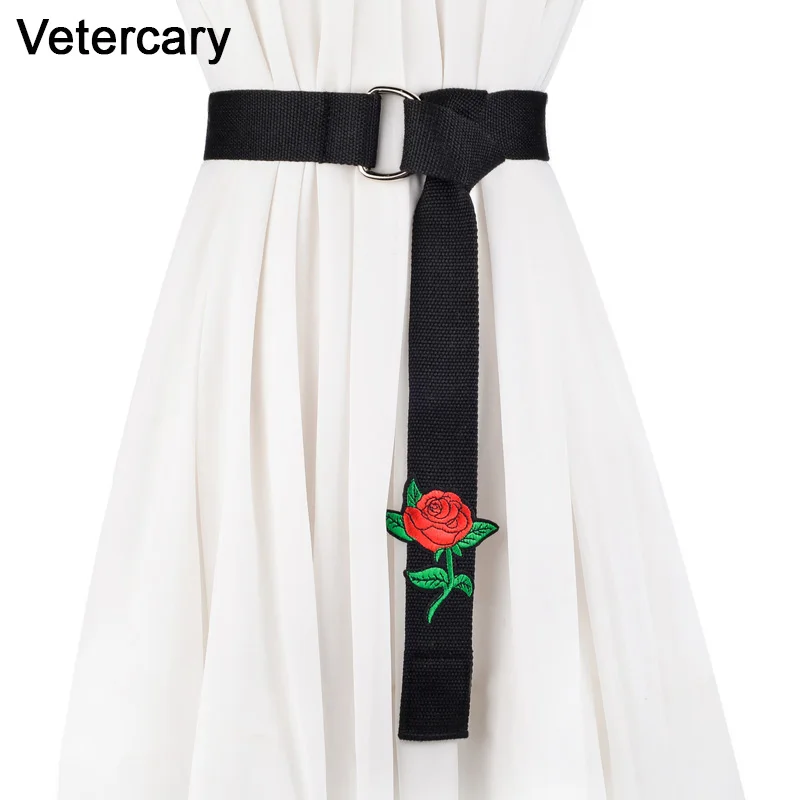 

New Arrivel Rose Flower embroidery belts for women dress green Black canvas belt long red fabric high quality sexy DIY bow tie