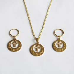 24K Gold Color Stainless Steel Cross Jewelry Sets New Zealand Kiribati Micronesia Guam Birthday Gift
