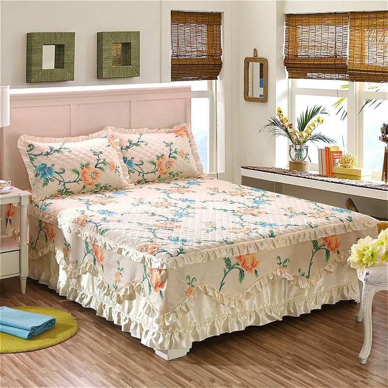 High Quality 150x200cm Floral Bedskirt  Cover Dual Layers Bedspread Single Full Queen Bedcover cubrecama Home Textile