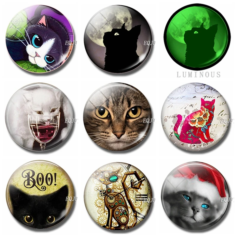 Luminous Refrigerator Magnet Circular Cat Portrait Commemorative Decoration Glass Kitchen Memo Adsorption Magnet 30mm