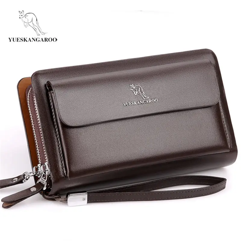 

YUESKANGAROO Brand Men Clutch Bag Fashion Leather Long Purse Double Zipper Business Men Wallet Black Brown Male Casual Handy Bag