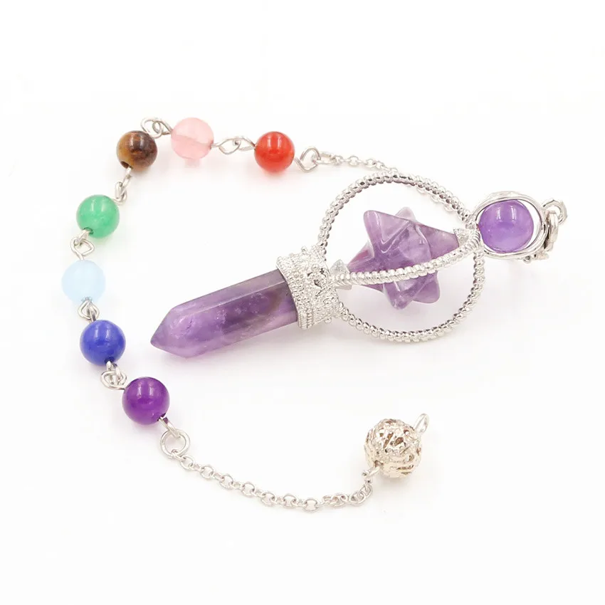 FYJS Unique Silver Plated Merkaba Symbol Natural Amethysts Pendant Healing Chakra Jewelry