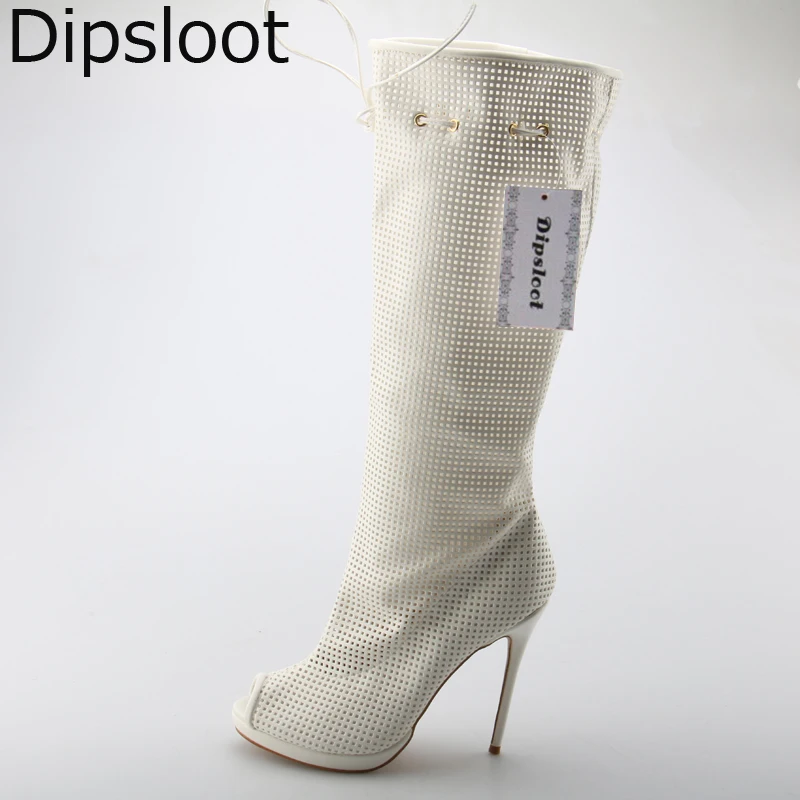 Factory Sexy Small Hole Perforation Fish toe Med Calf  Boots Summer Stiletto High Heels Fretwork Bandage Lace up Sandals Botas