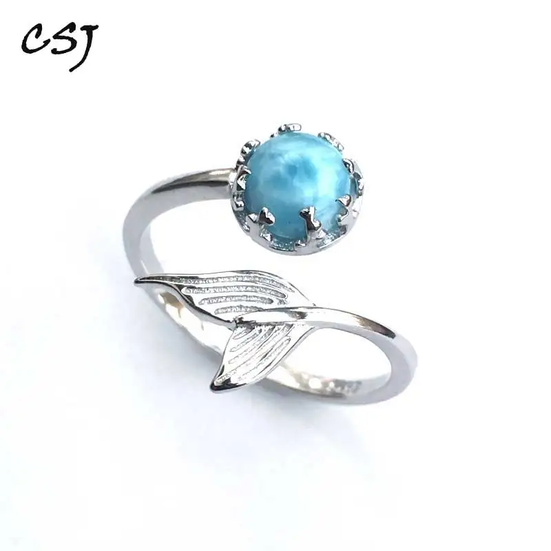 CSJ Naturale Larimar Anello Rotondo 6 millimetri regolabile gioielli in Argento Sterling 925 di Cerimonia Nuziale di Fidanzamento Fasce per Le Donne