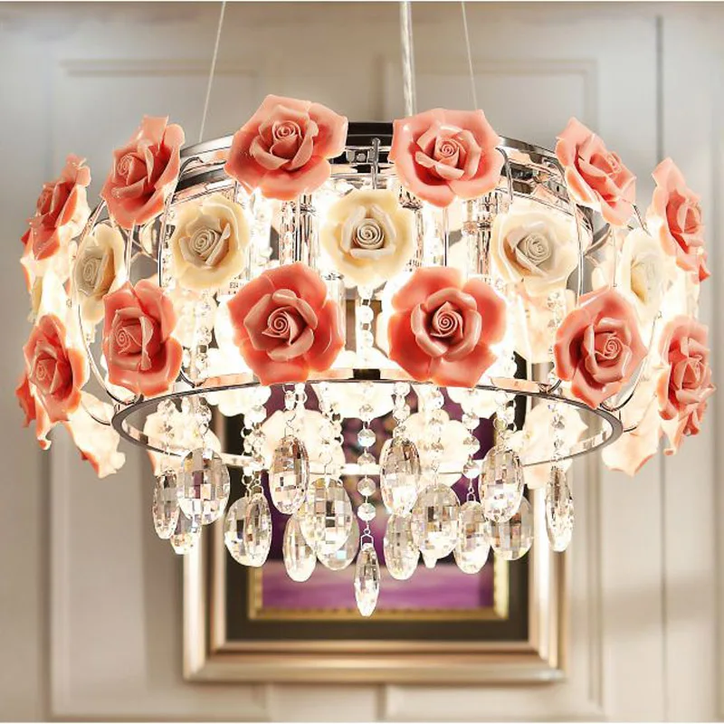 LED Flowers Living Room Pendant Light Ceramic Crystal Hanging Reatautant Floral Pendant Lamp Dining Room Pendant Light