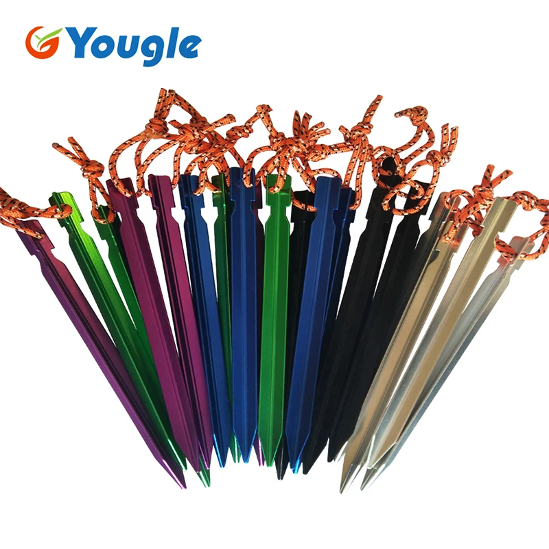 YOUGLE 10pcs Tent Pegs 18cm Ultralight Aluminum Alloy Tent Stake with Rope Outdoor Tent Nail Peg Tent Accessories Equipment