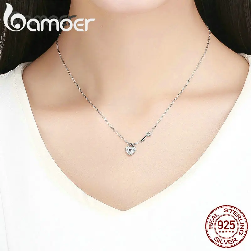 Bamoer New Arrival Luxury 925 Sterling Silver Love Heart Lock & Key Pendant Necklace for Women Wedding Fine Jewelry SCN315 image 5