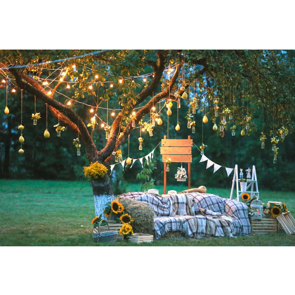 

Country Style Wedding Photography Background Printed Tree Hanging Bulbs Bottles Fruit Straw Sofa Sunflowers Party Photo Backdrop