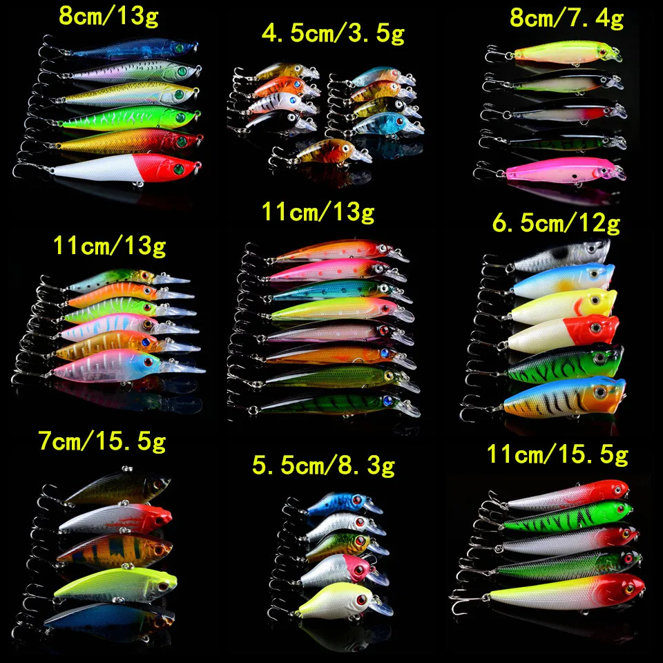 55pcs/lot Fishing Lures Set Mixed 9 Models Hard Baits 55 Colors Bass Crankbait Wobblers Fishing Tackle Lifeliek Fake Fish bait