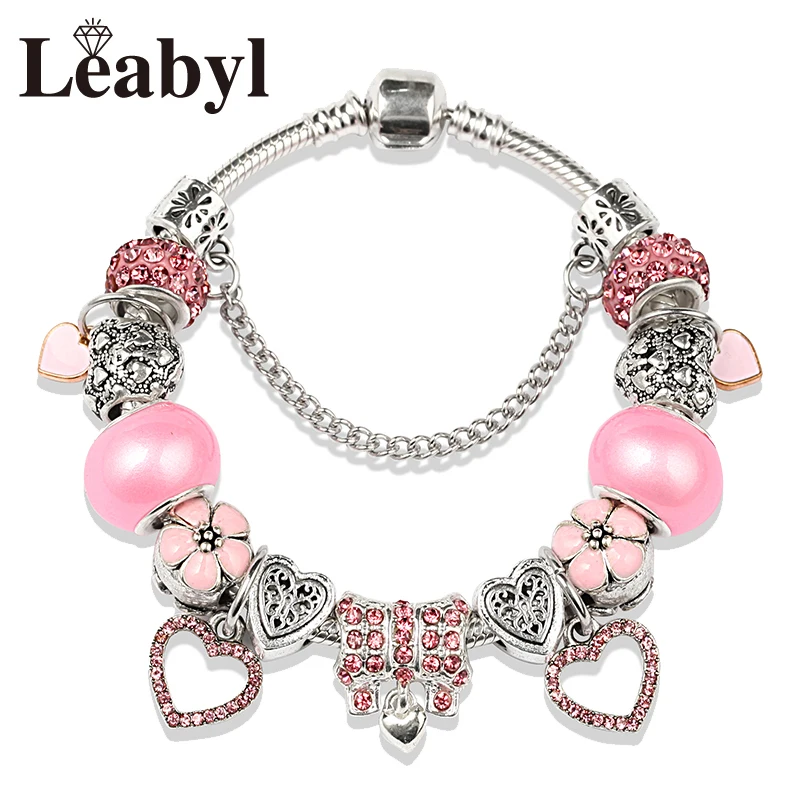 Leabyl Romantic Pink Crystal Heart Charm Bracelets Silver Color Little Love Pendant Bead Bracelet Jewelry for Women