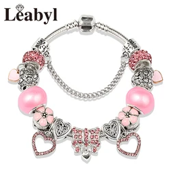 Leabyl Romantic Pink Crystal Heart Charm bracciali Color argento Little Love ciondolo Bead bracciale gioielli per le donne