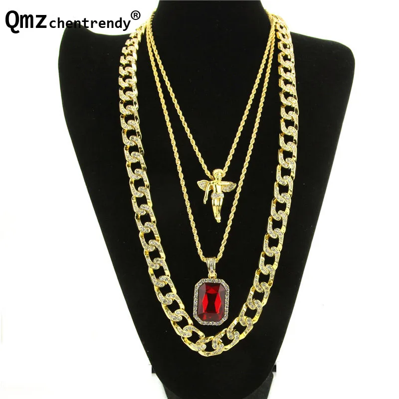 Fashion Brand Hip Hop Angel Black Red Stone Pendant Jewelry Heavy 3pcs Necklace Set Men Women High Quality Cuban Chain