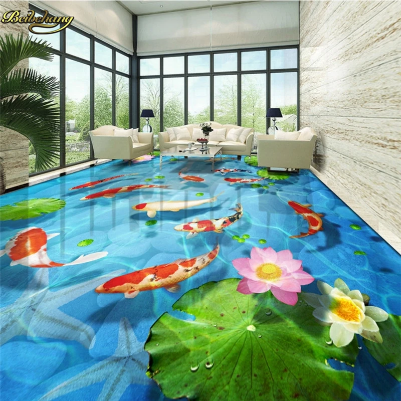 

beibehang Custom Photo 3D Floor Painting Wallpaper 3D Cubic Pebble Lotus Lotus Leaf Koi Flooring papel de parede