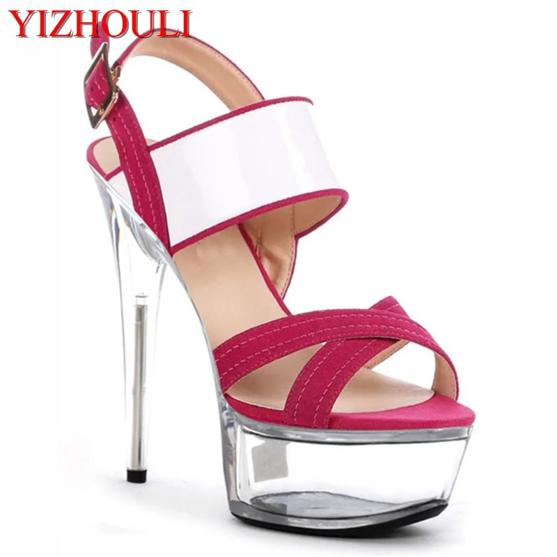 

Fashionable 6 inch platform sandals for ladies with crystal 15cm heels, sexy white/pink party sandals