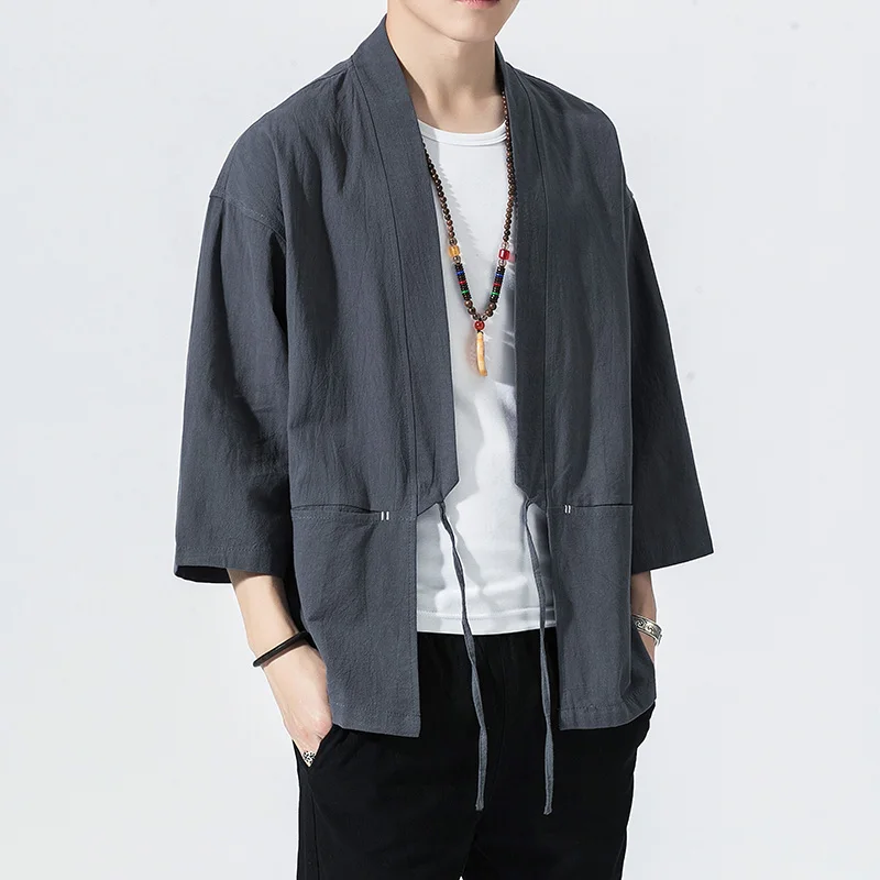 New Summer  Mens Jacket Coat Summer Kimono Cardigan Coat Japan Vintage Windbreaker With Belt Male Jackets Clothes