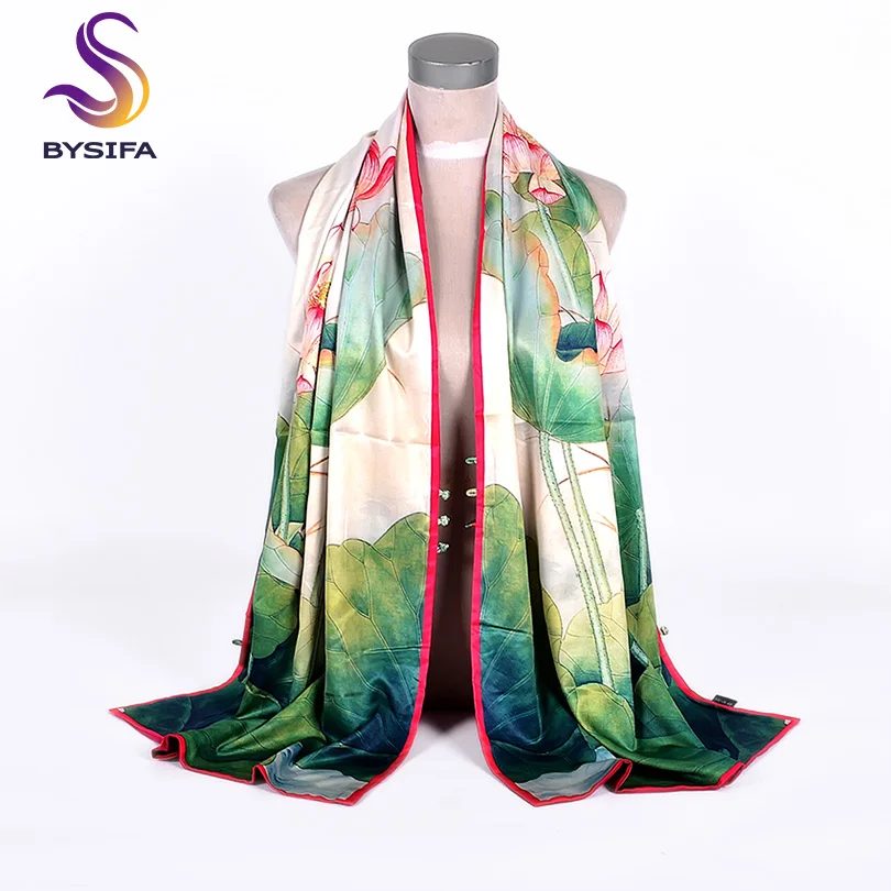 

[BYSIFA] New Buttons Scarves Shawls Female Fashion Green Lotus Design Double Faces Wraps Autumn Winter Silk Neck Scarf 175*50cm