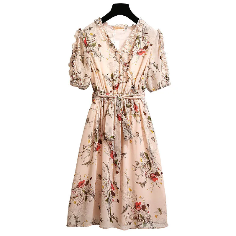 

New Summer Dress Slim Women's 2022 Fashion Wooden edge Printed Short Sleeve V-neck Chiffon Dresses Female Casual Elegant Dress