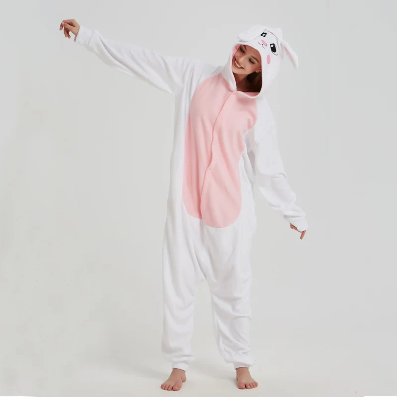 Cute Bunny Kigurumi Women Girls One-Piece Pajamas Rabbit Fleece Onesies For Adults Animal Cosplay Costume Sleepwear Birthday