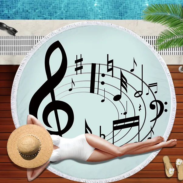 Microfiber Round Beach Towel for Adults Summer Toalla Tassel Yoga Mat  Music Note Printed Serviette De Plage 150cm