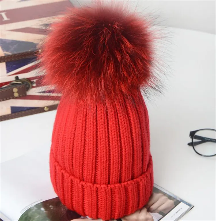 Hot Winter Big Real Fur Pompoms Knitted Beanies Caps New Thick Warm Knit Hats Gorras For Girls Women Boy and Child