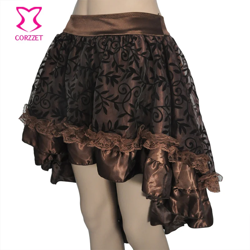 Corzzet Brown Satin And Mesh Steampunk Gothic Vintage Skirts Burlesque Costume Sexy Ruffle Skirt For Women Matching Corset