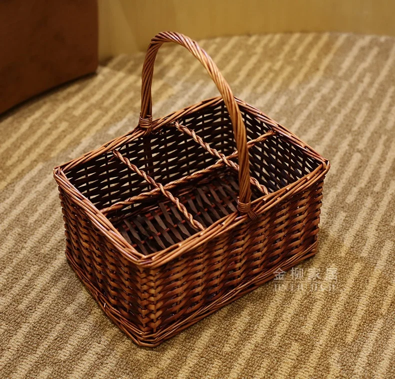 Natural and Handmade 6 Divisions Wicker and Vine Knitted Organizer Storage Basket for Wine, Beverage and Camping Picnic Supplies