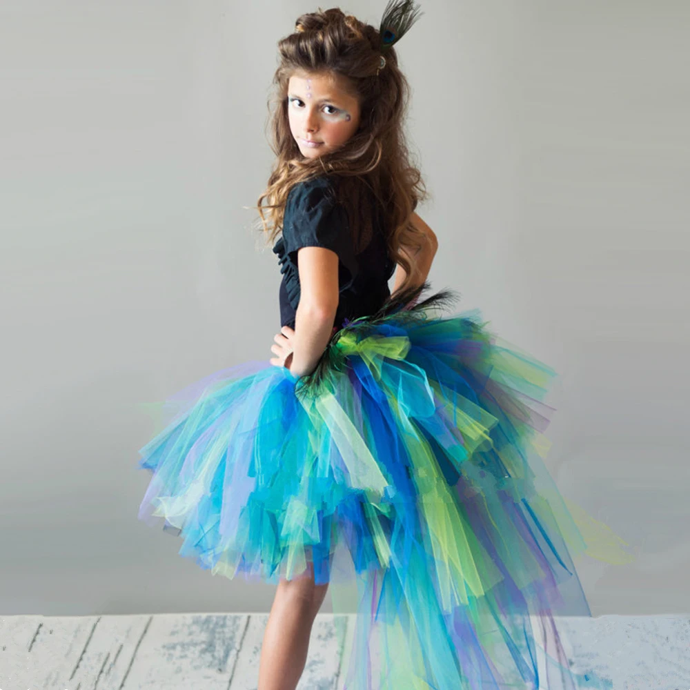 Peacock Feathers Girls Tutu Skirt Trailing Tulle Baby Girl Tutu Skirt Fluffy Kids Skirts For Girls Party Halloween Costume 1-14Y