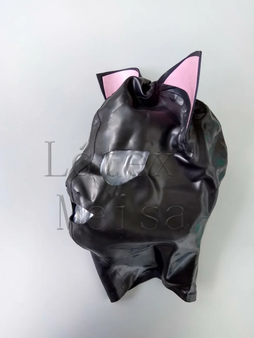 animal cat latex hoods decorative with pink ears and open eyes nostrils mouth in black color with back zip