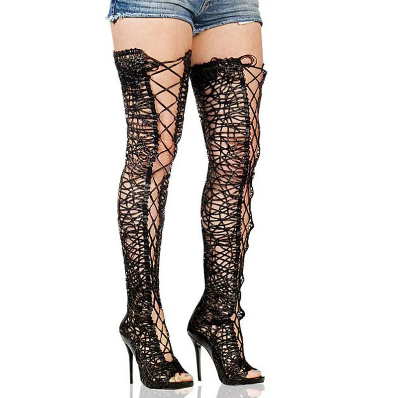 

Sexy Fish toe Eyelash Lace Braided Cut out Thigh Boots Metal High Heels Shoes Woman Over Knee Lace Up Summer Long Sandal Botas