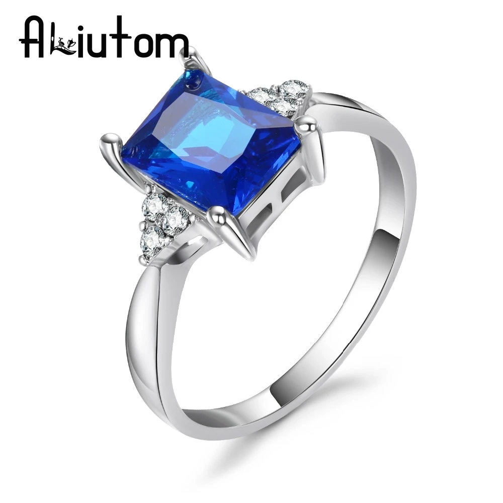 ALIUTOM Big Blue CZ Cubic Zircon Stone Silver Color Rings for Women Fashion Jewelry Valentines Day Gift