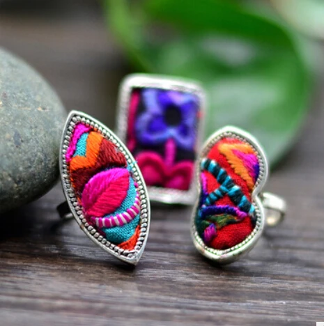 5PC  National style Embroidery rings Miao silver plated ethnic cotton jewelry creative personality fashion colorful ring