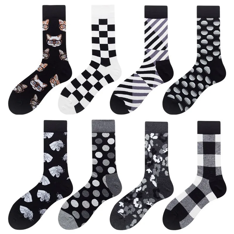 PEONFLY-Chaussettes en Coton Peigné pour Homme, Style Harajuku, Noir, Blanc, Plaid, Pois, Motif Chat, Heureux, Hip Hop, Nouveau, 2019