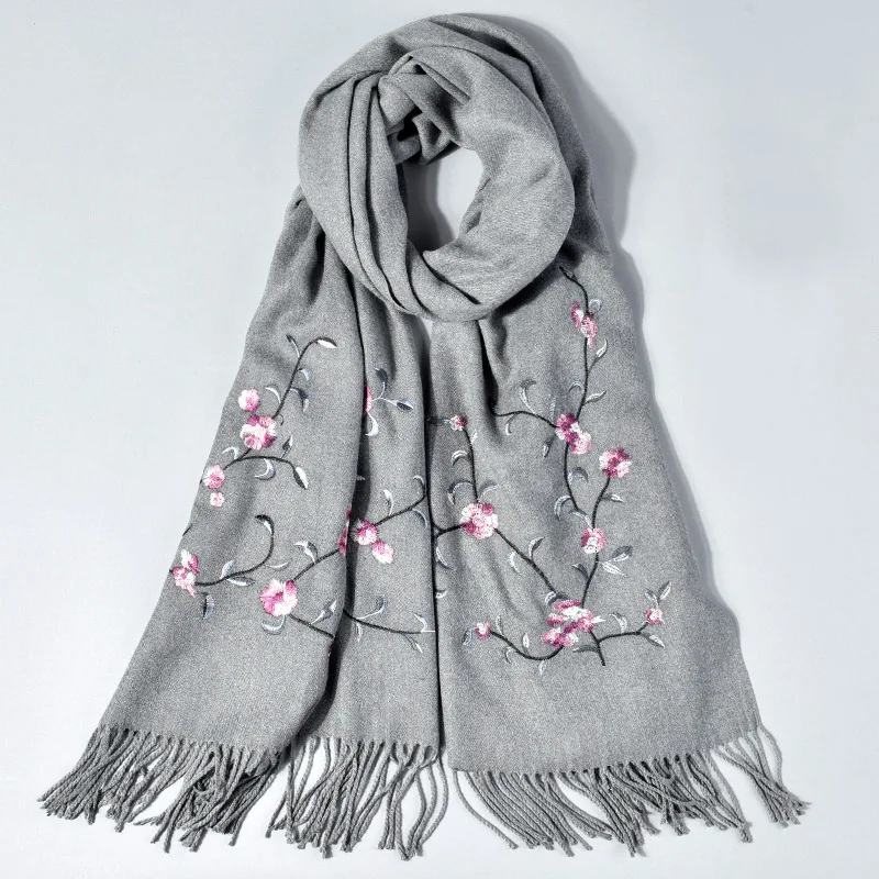 Hot Sale Gray Embroider Flower Scarf Ladies Winter Thickening Warm Tassels Shawl Soft Pashmina Cashmere Shawl for Women