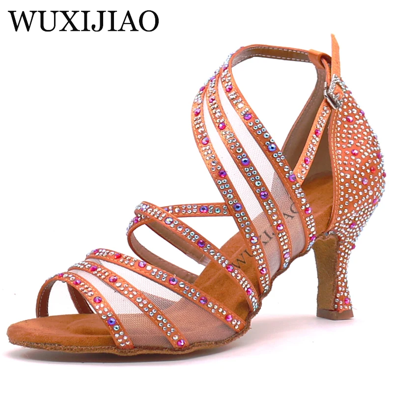 WUXIJIAO Professional 6 7.5 8.5 9 10 cm Heel Beading Samba Tango Salsa Latin Ballroom Dance Shoes Women Ladies with Suede Sole