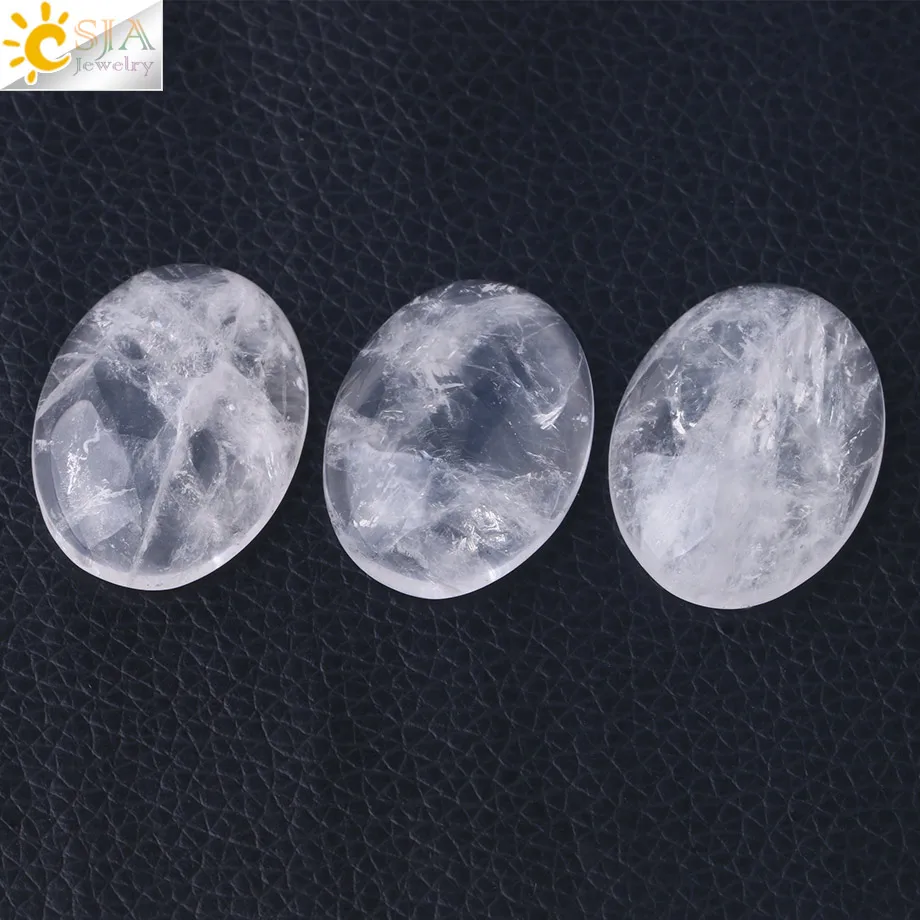 CSJA 1pc Natural Gem Stone White Crystal Cabochon Oval Clear CAB Beads No Drilling Hole for Jewelry Making DIY Pendant Ring F812