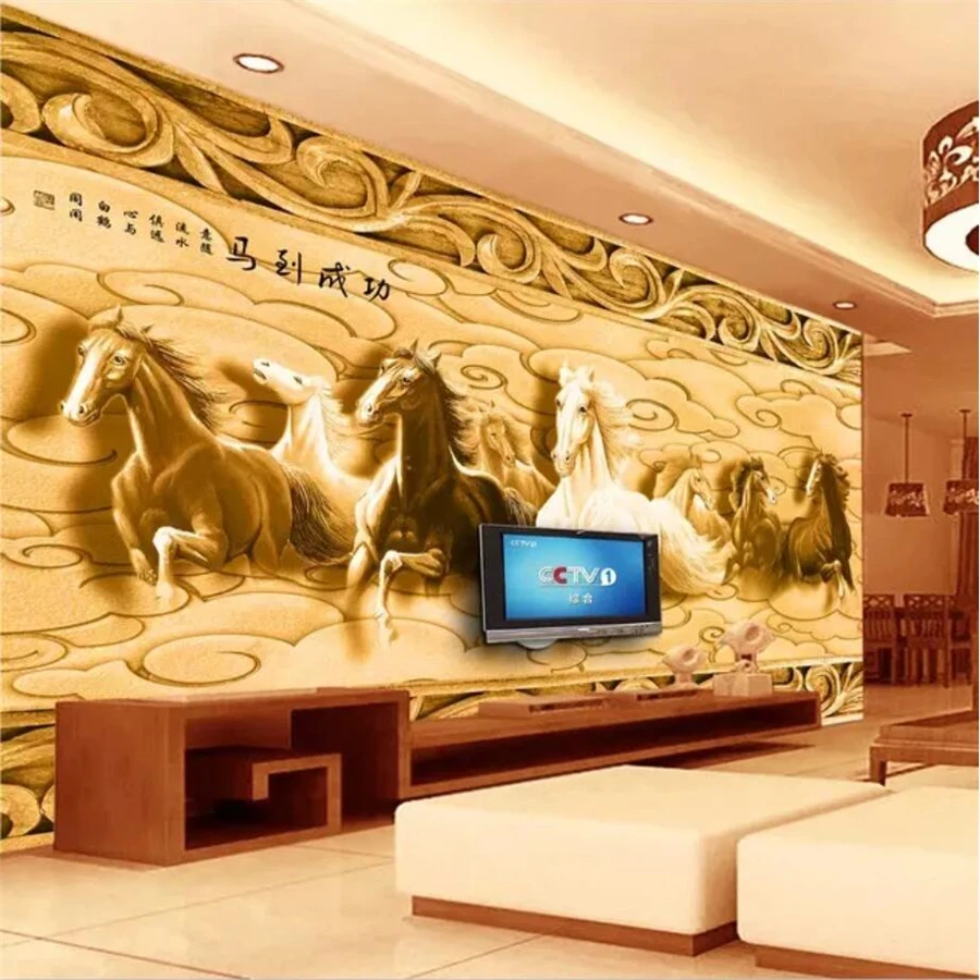 beibehang Custom wallpaper 3d mural living room eight horses embossed TV background wall paper restaurant mural papel de parede