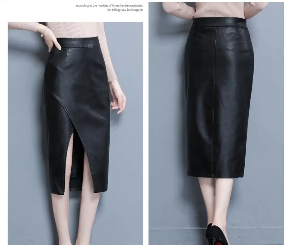 New 2019 Women Midi Skirt PU Leather Black High Waist Asymmetrical Sexy Slit Pencil Skirt Bodycon Elegant Femininas