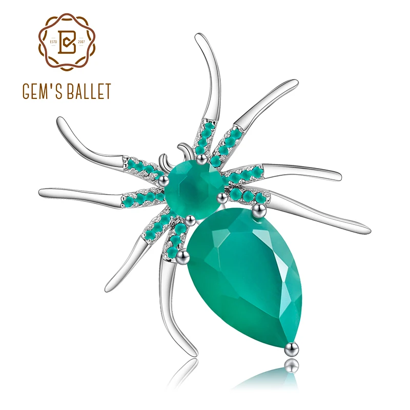 

GEM'S BALLET Natural Green Agate Gemstone Brooch 925 Sterling Sliver Handmade Design Spider Brooches For Women Fine Jewelry