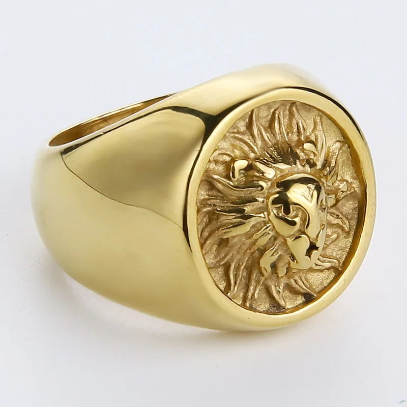 Valily Men Ring Punk Gold Lion Ring 316L Stainless steel Biker Round Animal Jewelry Party Power Design